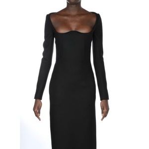 Saint Laurent Black Wool Corset Sweetheart Column Gown 38 Long Sleeve Black NWT